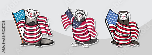 Ferret wrapped in an American flag in a sticker vector style illustration. Generative AI