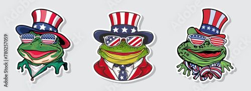 A patriotic frog wears sunglasses and a hat in a sticker vector illustration. Generative AI