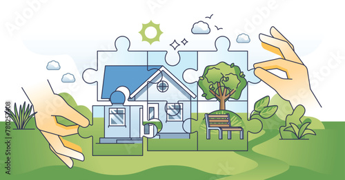 Green building design for sustainable home building in hands outline concept. Ecological and nature friendly material usage for house construction vector illustration. Modern project development.