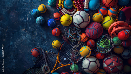 Colorful sports balls, rackets and ball suits on a dark background photo