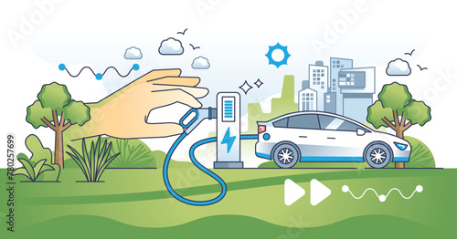 Sustainable transportation and electric vehicles usage outline hands concept. EV as environmental and nature friendly alternative with zero CO2 emissions vector illustration. Ecological hybrid auto.