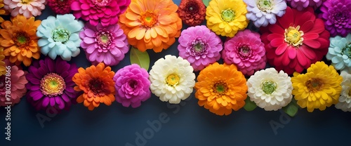 Top view of a vibrant assortment of zinnias against a solid background  ready for your customized text.