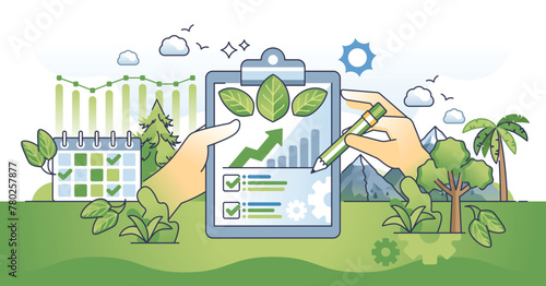 Sustainability reporting and ecological statistics outline hands concept. Corporate ESG analysis with climate impact calculation vector illustration. Nature friendly green practices measurement. © VectorMine