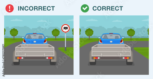 Safe driving tips and traffic regulation rules. Legal and illegal towing trailer. "No trailers or caravan" road sign area. Back view of a car towing a trailer. Flat vector illustration template.