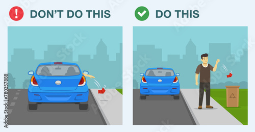 Safe driving tips and traffic regulation rules. Good and bad behaviour on road. Passenger throws out a used plastic cup on the ground. Flat vector illustration template.