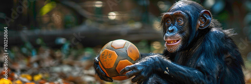 a Bonobo playing with football beautiful animal photography like living creature