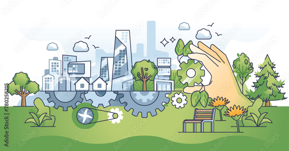Sustainable urban community with effective eco balance outline hands concept. City with economic development while protecting green areas and biodiversity vector illustration. Environmental care. - obrazy, fototapety, plakaty 