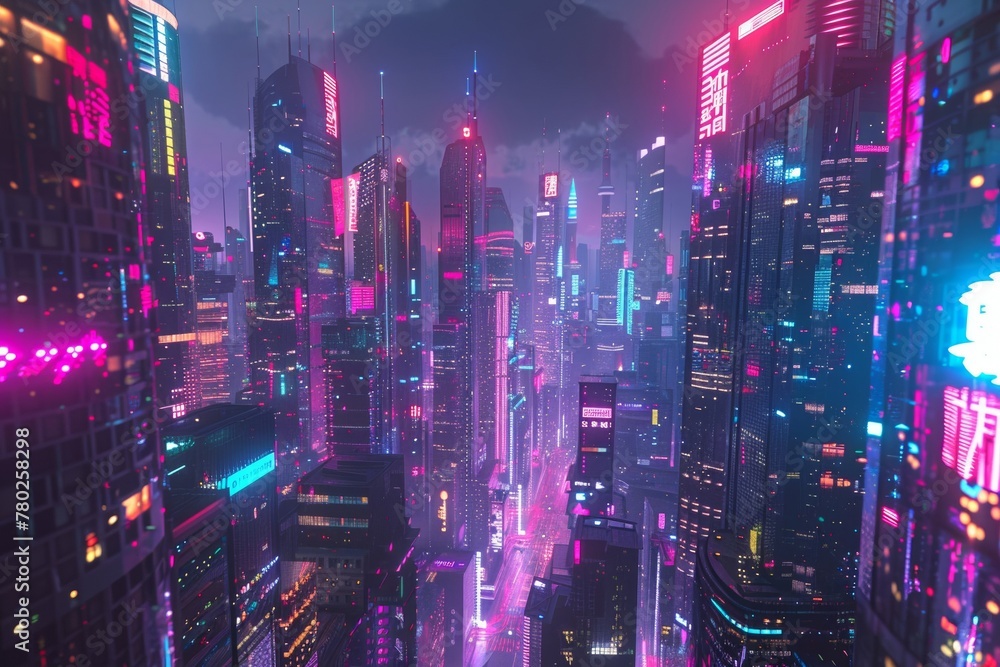 Vibrant futuristic city landscape With modern skyscrapers lit up with neon lights.