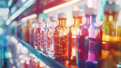 Various medical bottles under glowing neon lights in a pharmaceutical setting. photo