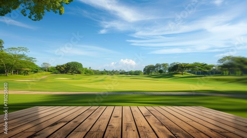 Peaceful green golf course landscape seen from a polished wooden deck under a clear blue sky.