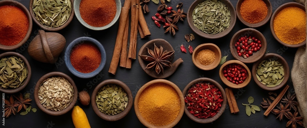 Various oriental spices and spices on a black background. Various oriental spices and spices on a black background.