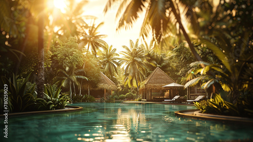 Hotel swimming pool surrounded by tropical plants and palm trees. Lots of sunshine, clear water. Summer background