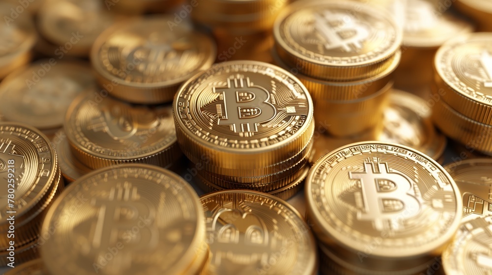 Golden Bitcoin Stacks with Luminous Glow for Cryptocurrency Concepts Golden Bitcoin Stacks with Luminous Glow for Cryptocurrency Concepts