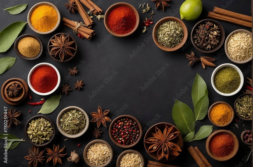 Various oriental spices and spices on a black background. Various oriental spices and spices on a black background.
