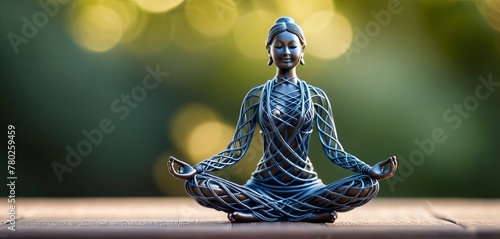 Woman in yoga pose, bent wire figure on nature backdrop, Creative figures symbol of yoga and harmony, art and serenity intersection. Female fitness yoga routine concept. Healthy lifestyle. © panophotograph