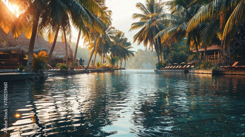 Hotel swimming pool surrounded by tropical plants and palm trees. Lots of sunshine, clear water. Summer background