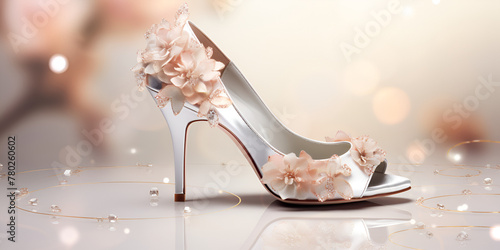 Brides wedding shoes with a bouquet with roses and other flowers floral background
 photo