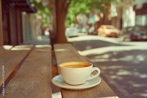 Coffee cup on table outdoors  Vintage retro style sidewalk cafe scene