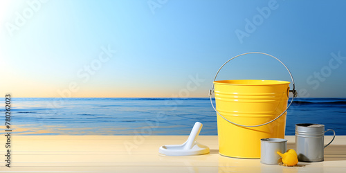 Buckets on a beach with a sunset Reflection in the Blue background 