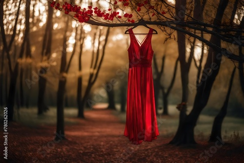 A vertical shot of a red dress hanging from a branch of a tree.