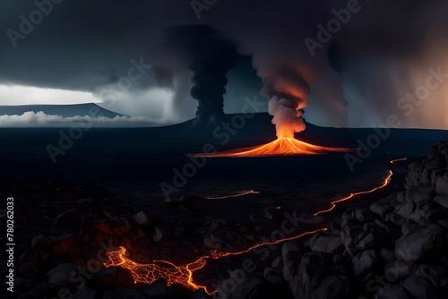 A landscape of lightening erupting from Volcano with smoke and a hazy sky.
