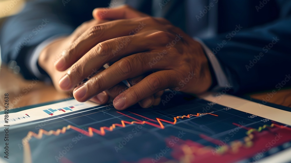 Close-up of hands wringing over a graph showing market crash, embodying economic crisis despair. Close-up of hands wringing over a graph showing market crash, embodying economic crisis despair.