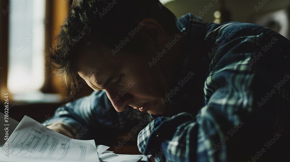 Close-up of a despairing adult facing financial documents, underlining the personal impact of economic failure.