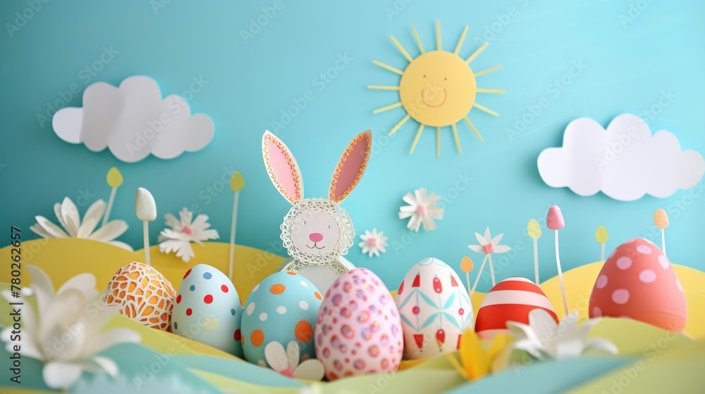 An adorable bunny surrounded by colorful Easter eggs in a picturesque grassy field, capturing the sweetness and beauty of the spring event through a charming illustration AIG42E