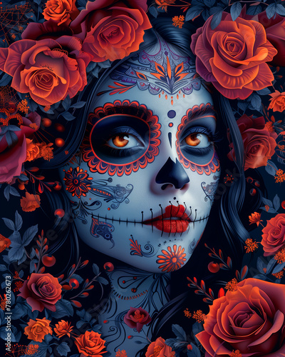 Mexican girl with makeup in the style of a sugar skull, on a background of red roses. Traditional style for Mexican holidays