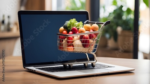 The laptop's little grocery trolley represents online merchandise sales. The idea of e-commerce and online shopping.