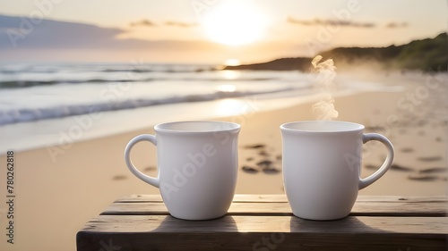 For a product shoot, two 11-ounce white mugs with rising steam are positioned side by side on a tiny bench near a sandy beach with gently rolling waves and a sunset in the distance.