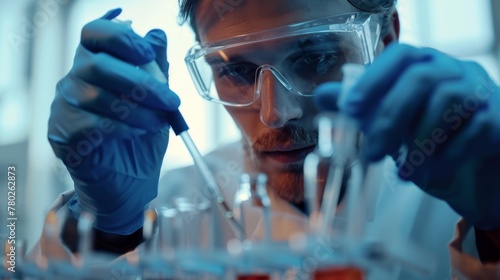 The meticulous scientist, clad in protective gear, deftly wields a pipette, manipulating a sample within a test tube, epitomizing precision in laboratory experimentation.
 photo