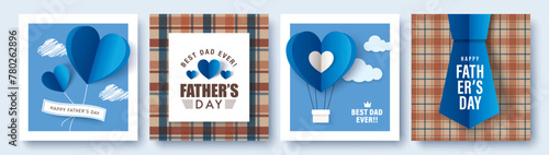 Set of 4 Father's Day greeting cards in modern paper cut style. Vector illustration for cover, poster, banner, flyer and social media.
