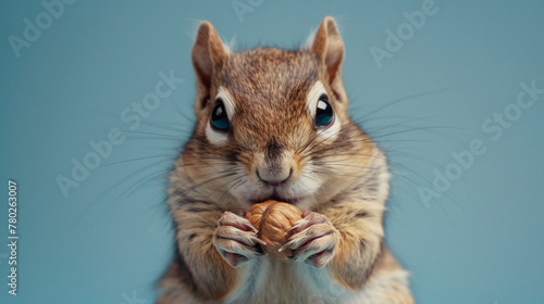 a Chipmunk Gathering nuts, studio shot, against solid color background, hyperrealistic photography, blank space for writing