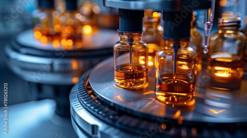 Behold the meticulous ballet of machinery as vials are filled with precision  a crucial step in the creation of medicines and vaccines  ensuring efficacy and safety. 