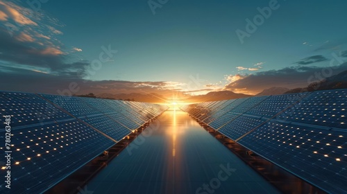the intricate details of a solar power plant with panels reflecting sunlight against a clear sky photo