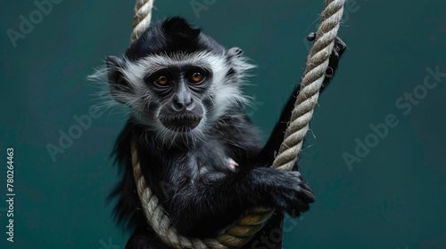 a Colobus monkey Swinging, studio shot, against solid color background, hyperrealistic photography, blank space for writing photo