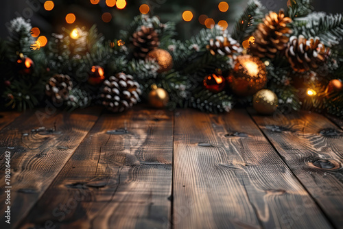 Wooden Table With Pine Cones and Christmas Lights