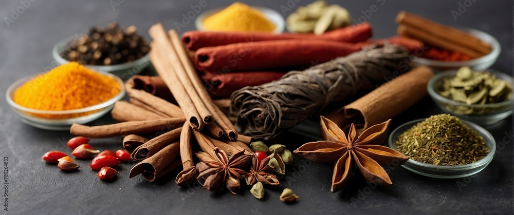 Various oriental spices and spices on a black background. Various oriental spices and spices on a black background.