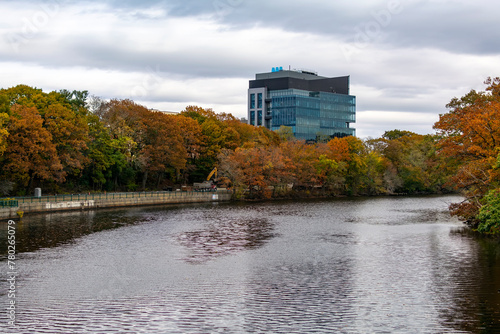 A view of Charles River from North Beacon Street Bridge with Mariana Oncology Center in background, Watertown,  Massachusetts, USA