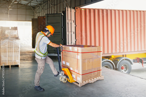 Warehouse Workers Loading a Package Pallets at Warehouse. Container Shipping. Supply Chain, Supplies Shipment, Freight Truck Logistic, Cargo Transport.