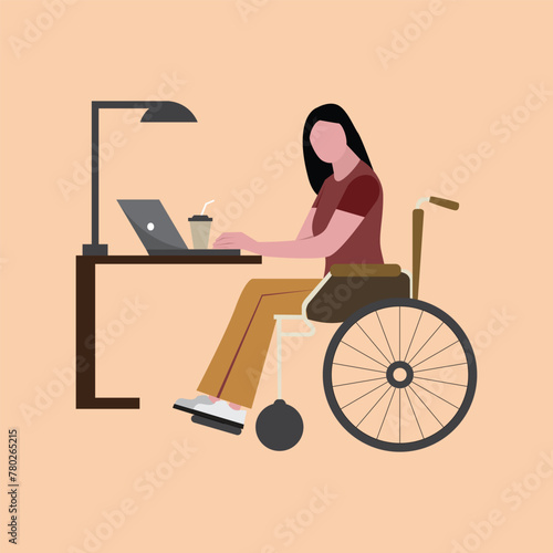 A disabled person in a wheelchair works in an office. A disabled person works online. Disabled person working at a desk.Working environment for the disabled.