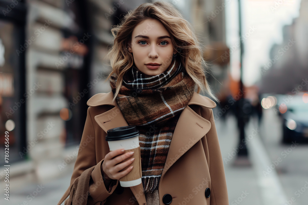 Obraz premium Stylish young woman enjoying coffee break on urban city street, exuding elegance and confidence in the bustling cityscape.