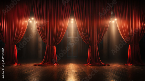 Red stage curtain and wooden floor realistic vector. Theater, opera scene drape backdrop, concert grand opening or cinema premiere backstage, portiere for ceremony performance template 3d illustration © alexkich