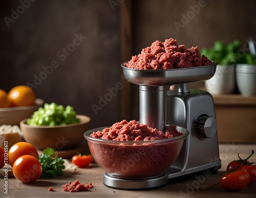 Electric meat grinder mince beef and pork meat in the kitchen in daylight. Soft blurred background slow motion camera zoom. Advertising Process of meat grinding with mincing electric machine Cook food photo