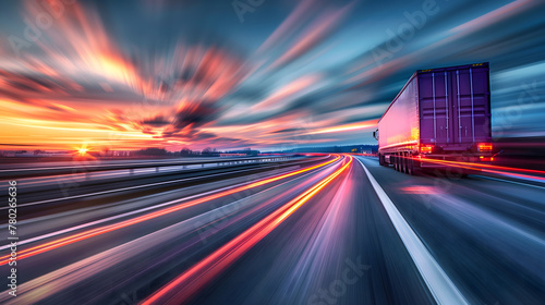 a dynamic rig shot photograph of a transporter moving swiftly along a bustling highway, capturing the essence of speed and motion. its shiny surface reflecting the early evening sky photo