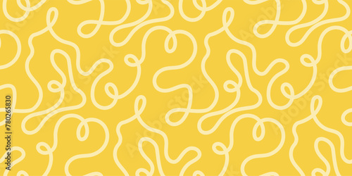 Noodle pasta seamless pattern vector background. Spaghetti curvy doodle pattern, Italian pasta background. Chinese abstract noodle, ramen design yellow food wallpaper. Vector illustration