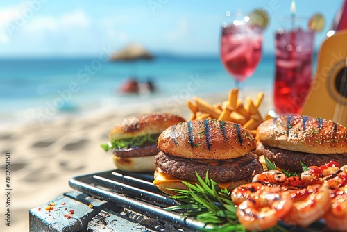 A Beachside Barbecue with Friends, Featuring Grilled Treats and Sunny Ocean Views, Generative AI