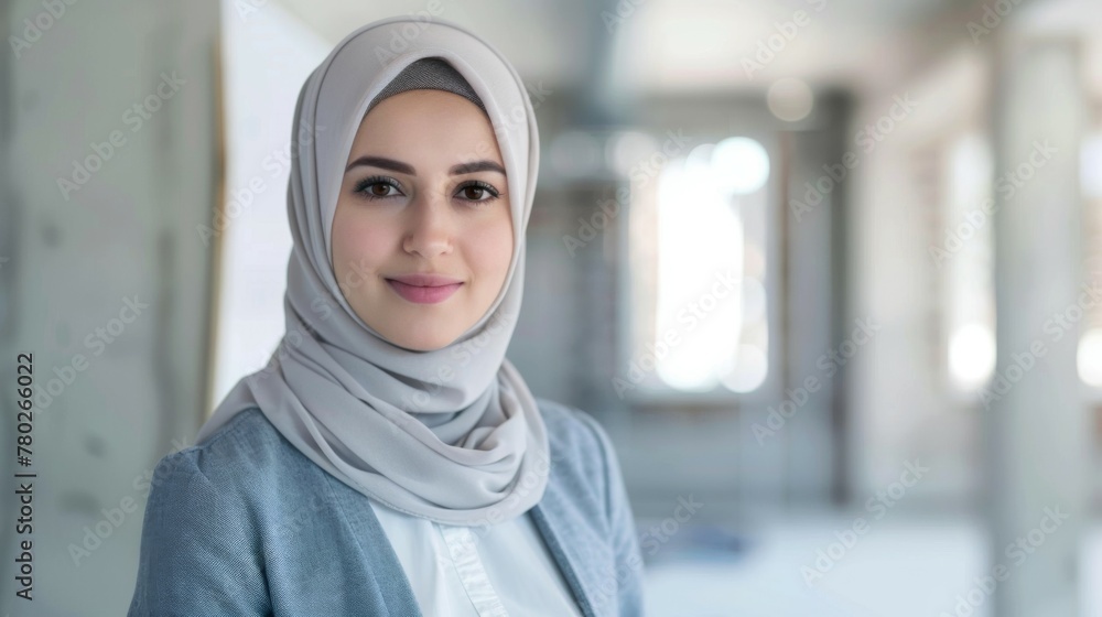 Portrait of a smiling woman in hijab portraying a professional architect with confidence in an office setting