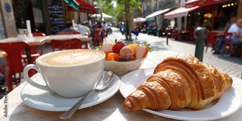 Fototapeta Naklejka Na Ścianę i Meble -  Morning Bliss at a Street Cafe: Enjoying a Fresh Croissant and Creamy Latte in the Heart of the City, Generative AI